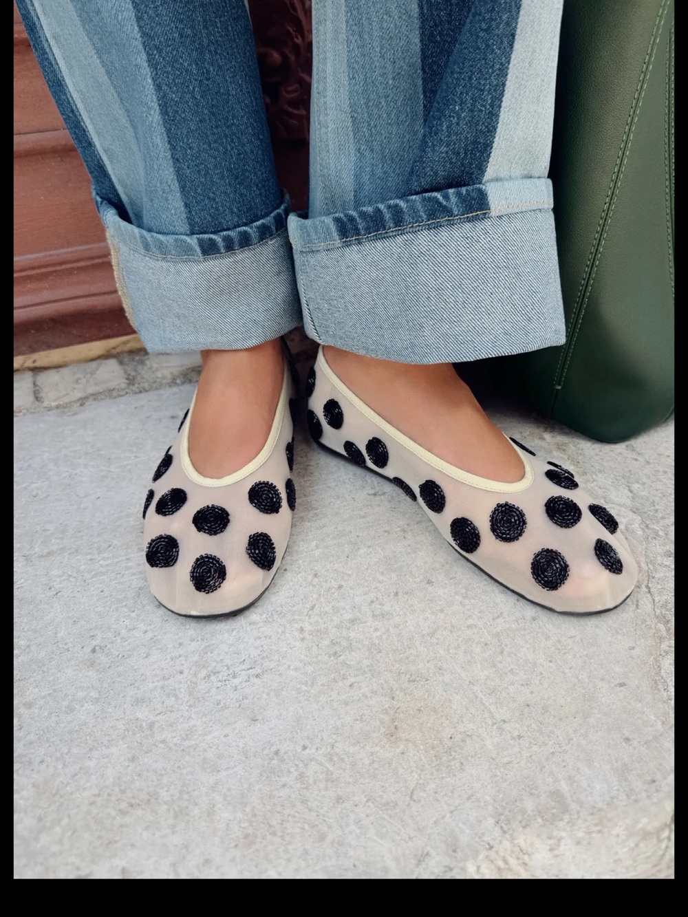 Zara Beige Ballet Flats with Black Sequin Polka Dot